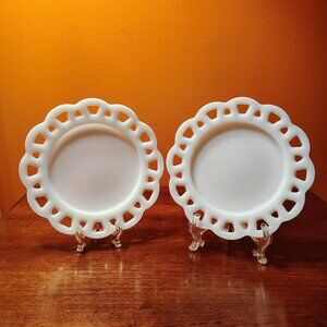 Vintage Hazel Atlas Milk Glass Lace Edge Plates – Set of 2 – White Cottage Decor
